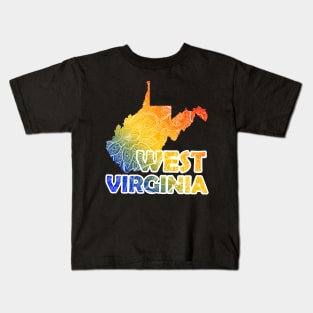 Colorful mandala art map of West Virginia with text in blue, yellow, and red Kids T-Shirt